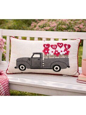 New Valentines Day Red Heart Love Truck Decorative Holiday Pillow 14" X 22"
